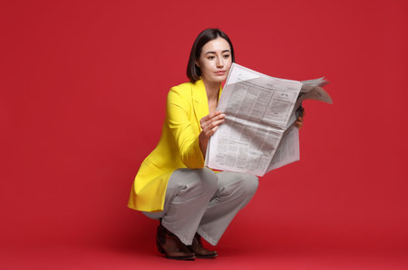 Woman in yellow suit reading newspaper on red backgroundの写真素材