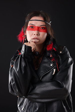 Woman with face painting on black background