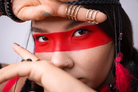 Shaman woman with face painting on light gray background, closeupの写真素材
