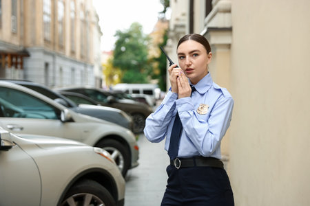 Police officer talking via radio on city street. Space for text