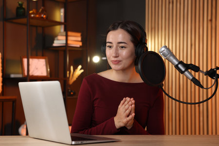 Podcast host recording talk show in studioの写真素材