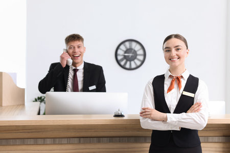 Receptionist and hostess at reception in hotel, selective focusの写真素材