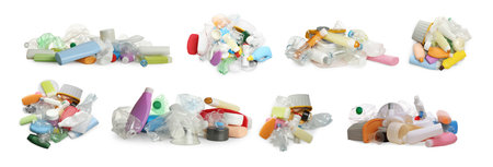 Piles of garbage isolated on white, set