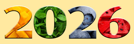 2026 numbers with fruits and mint leaves inside on beige background. New Year banner
