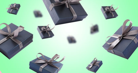 Gift boxes flying in air on aquamarine gradient background