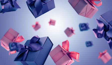Gift boxes flying in air on blue gradient backgroundの写真素材
