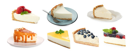 Pieces of various cheesecakes isolated on white, setの写真素材