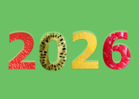 Numbers 2026 with fruits inside on green background. New Year cardの写真素材