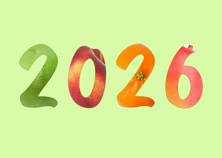 Numbers 2026 with fruits inside on light green background. New Year cardの写真素材