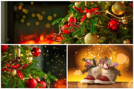 Christmas atmosphere, collage. Photos of festively decorated fir tree and boots with treatsの写真素材
