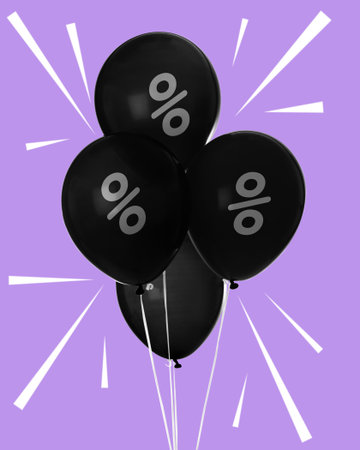 Discount. Black balloons with percent signs on violet backgroundの写真素材