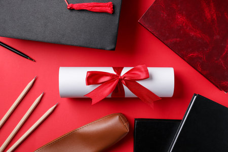 Diploma, graduation hat and stationery on red background, flat lay