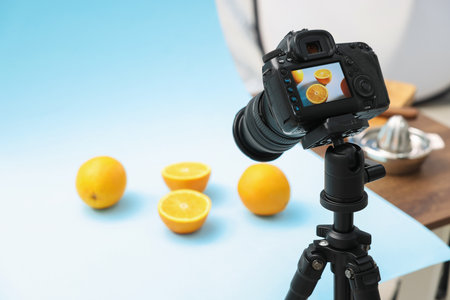 Shooting fresh oranges with camera in studio, selective focus. Professional food photographyの写真素材