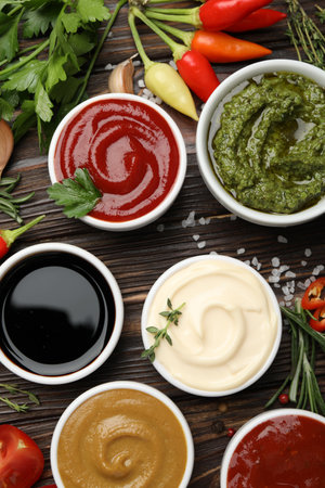 Different sauces, spices and herbs on wooden table, flat layの写真素材
