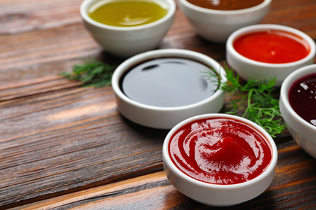 Different sauces in bowls with fresh dill on wooden table, closeup. Space for textの写真素材