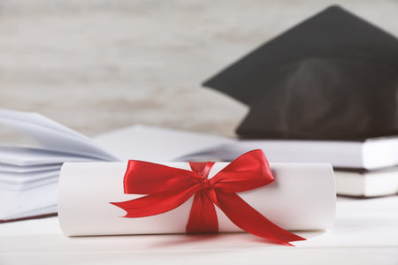 Diploma with red ribbon, graduation hat and books on white wooden table, closeup