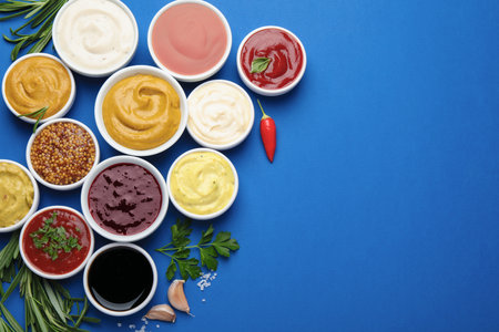 Different sauces, spices and herbs on blue background, flat lay. Space for textの写真素材