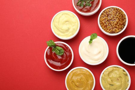 Different sauces and herbs on red background, flat lay. Space for textの写真素材