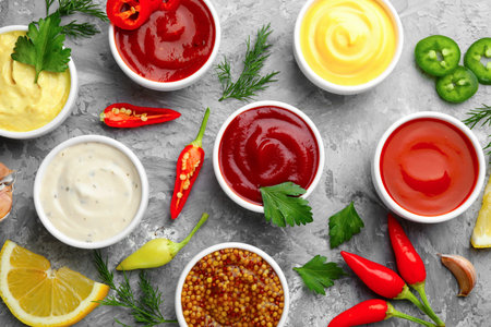Different sauces in bowls and ingredients on gray textured table, flat layの写真素材
