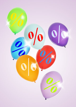 Colorful balloons with percent signs on lavender backgroundの写真素材