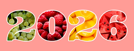2026 numbers with fruits inside on pink background. New Year bannerの写真素材