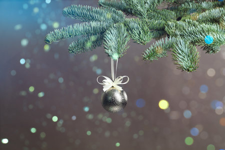 Christmas ball hanging on fir tree branch and bokeh lights on gray backgroundの写真素材