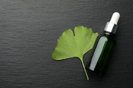 Ginkgo biloba leaf and bottle on dark textured table, flat lay. Space for textの写真素材