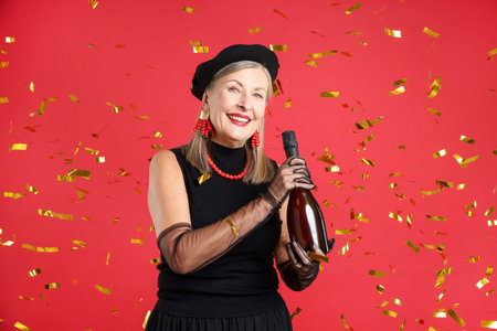 Happy senior woman with bottle of sparkling wine and flying confetti against red background