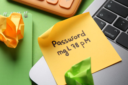 Sticky note with password, laptop, notebook, calculator and crumbles paper on green background, closeupの写真素材