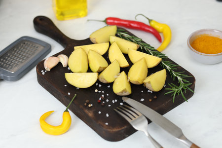 Raw potato wedges, spices and grater on white marble table, closeupの写真素材