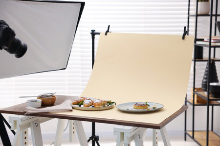 Shooting tasty pastries with camera in studio. Professional food photographyの写真素材