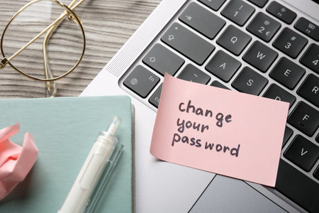 Note with phrase Change your password, notebook, pen, glasses and laptop on wooden desk, closeupの写真素材