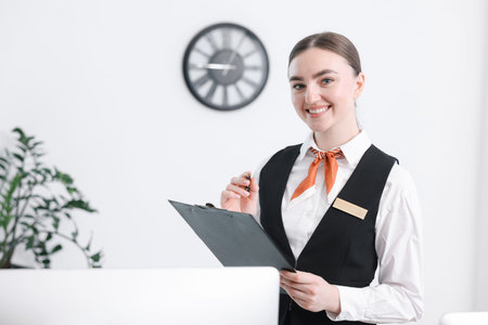 Happy receptionist with clipboard and pen at reception indoors, space for textの写真素材
