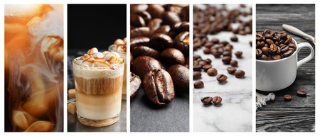 Coffee drinks and roasted beans, collage. Banner designの写真素材