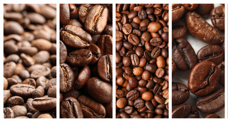 Roasted coffee beans, collage of pictures. Banner designの写真素材