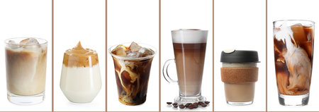 Coffee drinks on white background, collage. Banner designの写真素材