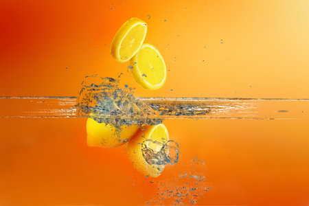 Fresh lemons falling into water against orange backgroundの写真素材