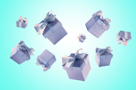 Gift boxes flying in air on cyan gradient backgroundの写真素材