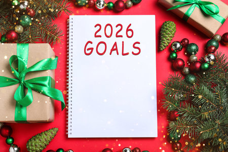 New 2026 Year Goals. Inscription in notebook on table with festive stuff, top viewの写真素材