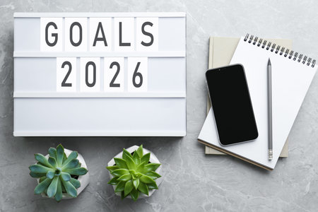 New 2026 Year Goals. Light box, notebooks, mobile phone and potted plants on table, top view