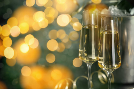 Sparkling wine in glasses, bokeh lights. New Year greeting cardの写真素材