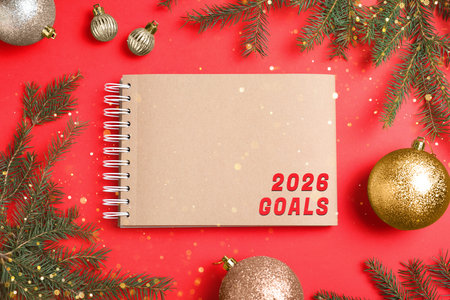 New 2026 Year Goals. Inscription in notebook on table with festive stuff, top viewの写真素材