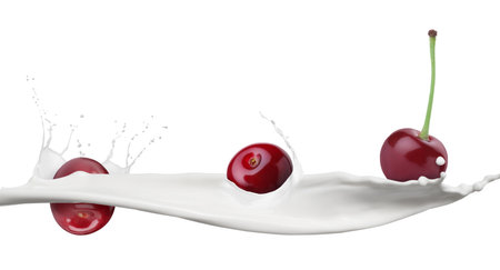 Milkshake splash and cherries in air on white backgroundの写真素材