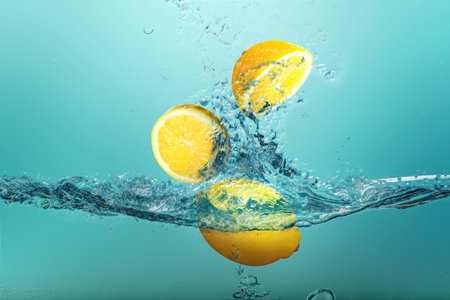 Fresh lemons falling into water against teal backgroundの写真素材