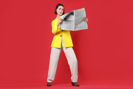 Beautiful woman in yellow suit with newspaper on red backgroundの写真素材