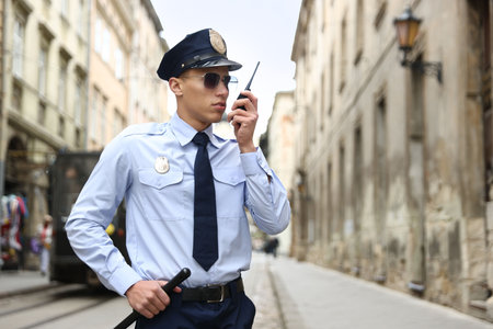 Police officer talking via radio on city street. Space for text