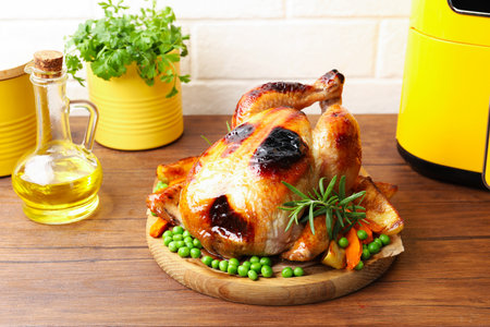 Tasty grilled chicken with rosemary, vegetables on wooden tableの写真素材