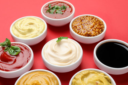 Different sauces and herbs on red background, closeupの写真素材