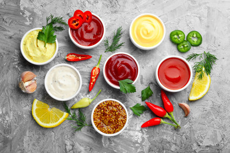 Different sauces in bowls and ingredients on gray textured table, flat lay