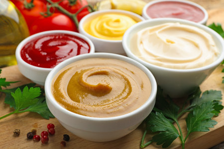 Different sauces in bowls and ingredients on wooden table, closeupの写真素材